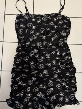 Lush Black Floral Ruched Spaghetti-Strap Mini Dress